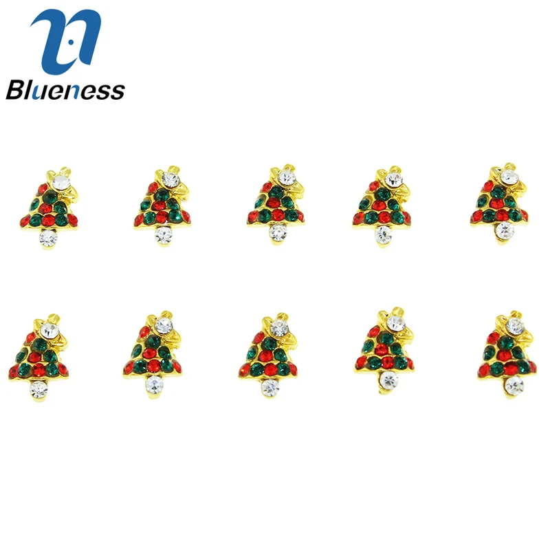 Blueness 10 шт. блестящие зеленые красные гвозди Стразы 3D Рождество Tress дизайн ногтей
