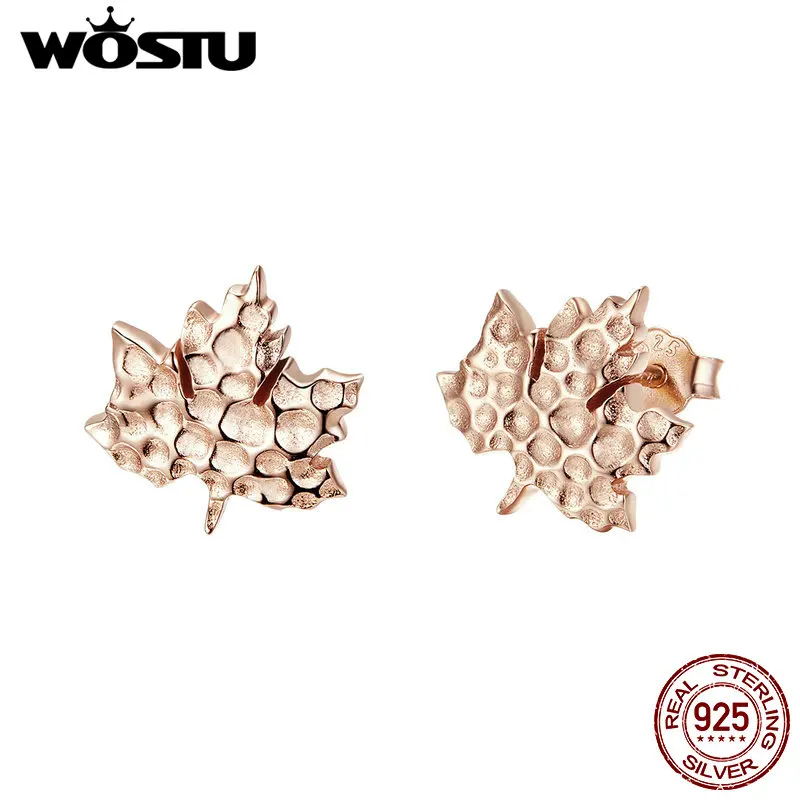 WOSTU, модные женские серьги,, кленовые листья, лист, розовое золото, циркон, серьги-гвоздики для женщин, 925 пробы, серебряные ювелирные изделия CQE536