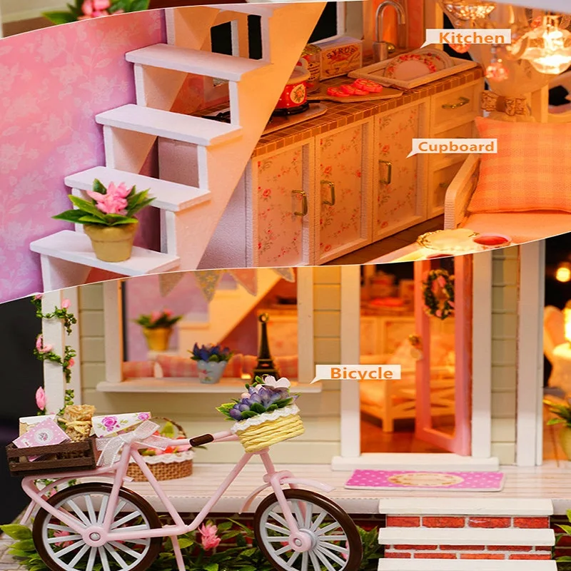 3D Wooden Miniature Dollhouse Music Toy Kit Simulation Bike Furniture Doll House Model Children DIY Assemble Toys With LED Light