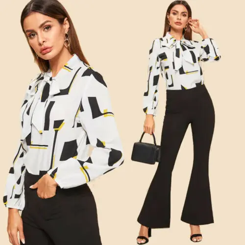 

2019 Women Elegant Printed Long Sleeve Blouse Baggy Tops Ladies Bowknot Shirt