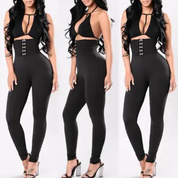 

Women High Waist Fitness Stretch Pants Trousers Solid Black Long Pants Slim