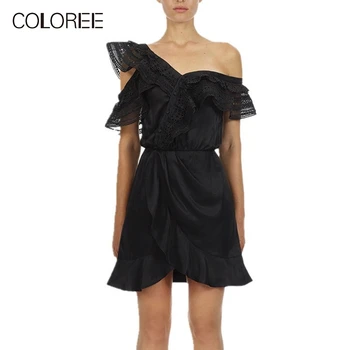 

Self Portrait Dress 2019 Vacation Sexy Black Lace Vintage Beach Mini Dress Off One Shoulder Runway Elegant Party Dress