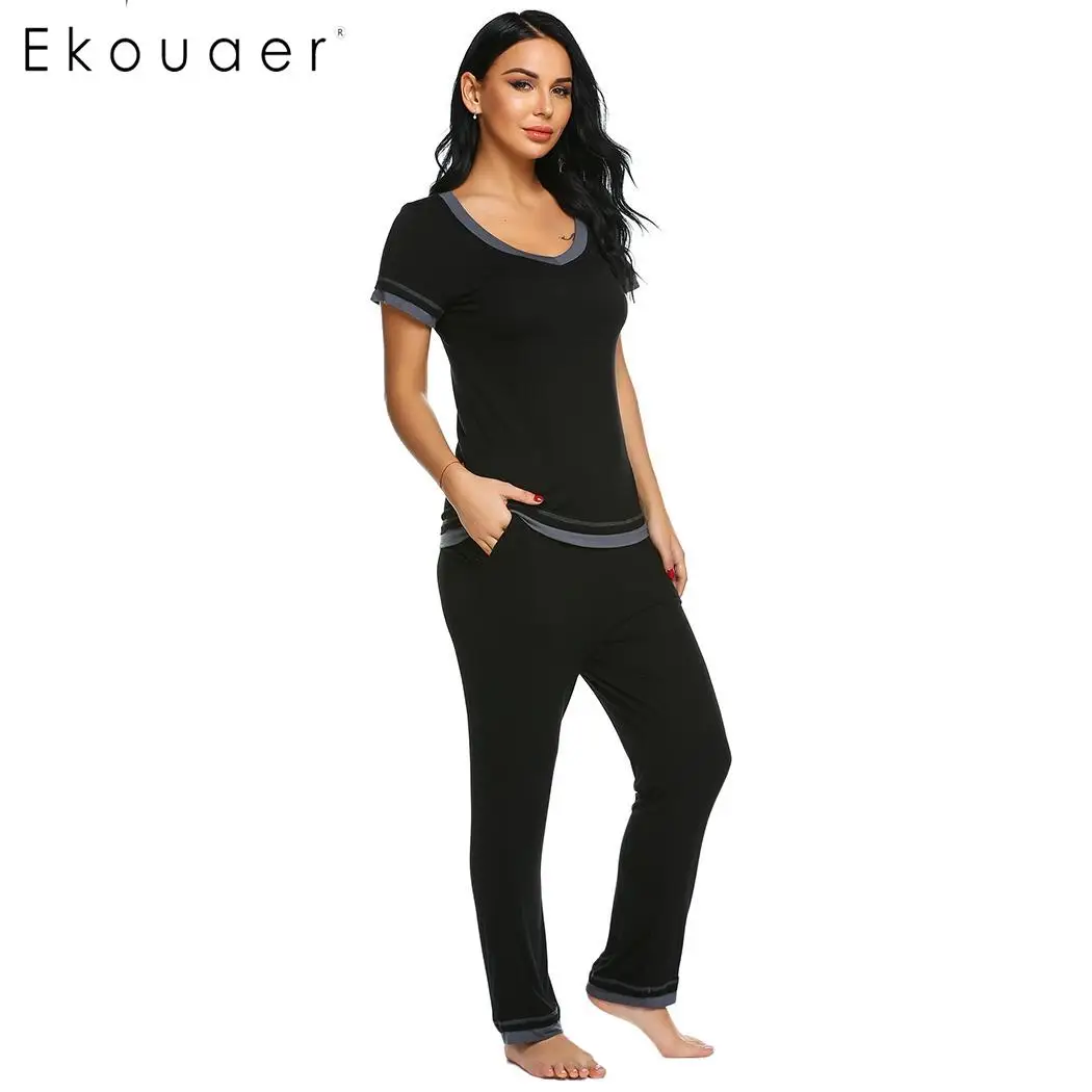 Ekouaer Pajama Set for Women Short Sleeves Sleepwear V Neck Nightwear Cotton PJ Shorts
