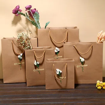 

10Pcs Kraft paper bag Luxury Party Bags with Flower Decoration Kraft Paper Gift Bag With Handles Recyclable Loot Bag