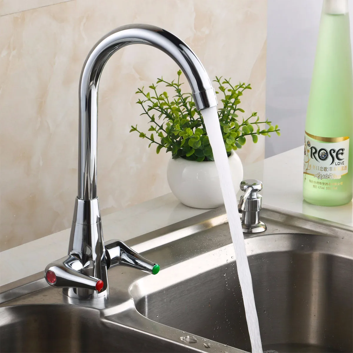 

Chrome Kitchen Sink Faucet Double Handle 360 Degree Rotation with Water Purification Features Cold and Hot Water Mixer Basin Tap