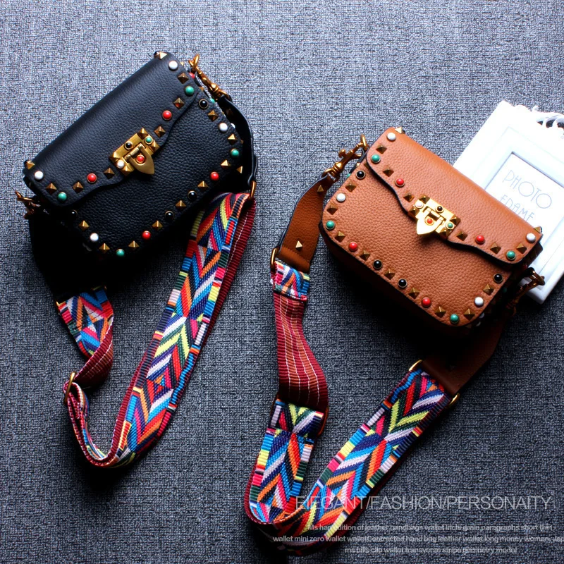 

2018 New Lady's Color Rivets Hand Clutch Bag for First Layer Cowhide Slanting Women's Broad Strap Fashion Single Shoulder Bag