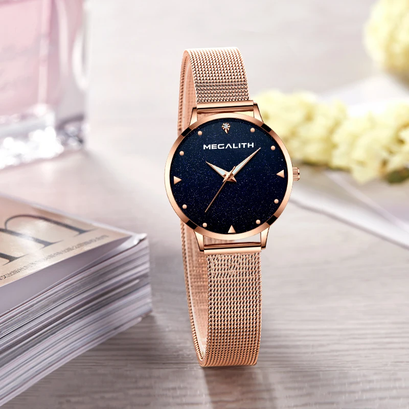 

MEGALITH Luxury Diamond Watch Waterproof Starry Sky Analogue Watches Gold Steel Mesh Quartz Wrist Watches Male Relogio Feminino