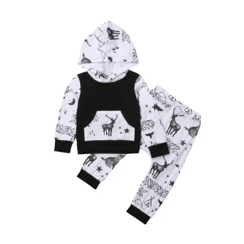 2pcs Newborn Baby Girl Clothes Sets Cute Animals Printed Hooded Long Sleeve Top Pants Xmas Outfits 2pcs Baby Boys 3M-3T
