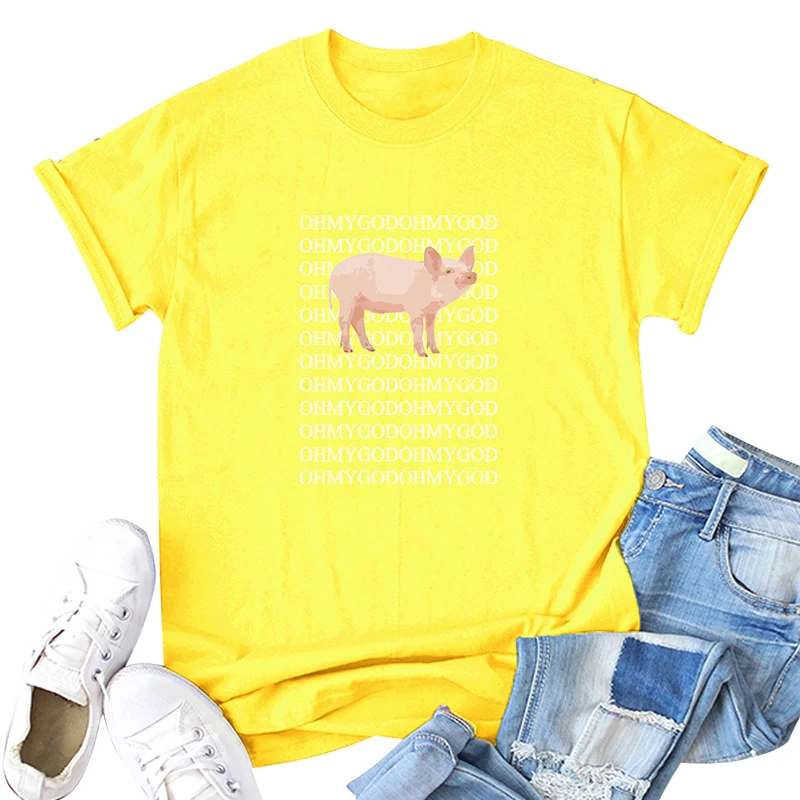 

Summer Cotton Funny T-Shirt Women Solid Color OH MY GOD Letter & Pig Print T-Shirt O Neck Short Sleeve Cute Tshirt Women Tops