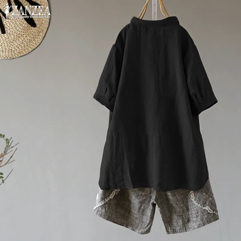 2019 زائد حجم ZANZEA الصيف المرأة عارضة قصيرة الأكمام بلوزة أنيقة الصلبة القطن الكتان زر قمصان تونك قمم Blusas الإناث