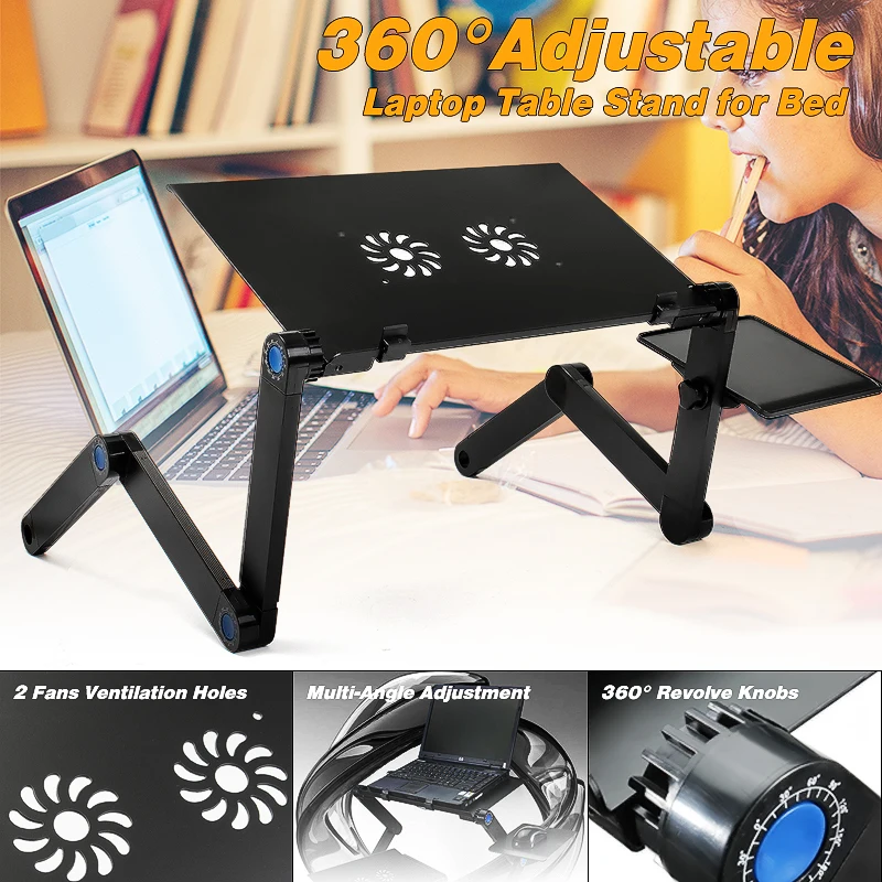 

Portable Laptop Desk Computer Table 2 Holes Cooling Laptop Stand 360 Folding Desk Holder with Mouse Pad Notebook Table for Bed
