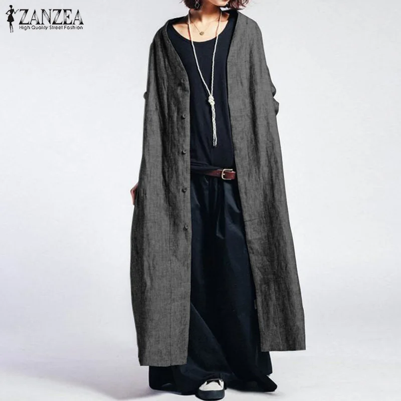 ZANZEA осеннее Женское пальто, женские винтажные повседневные Длинные куртки, женская верхняя одежда на пуговицах с длинным рукавом, негабаритная ветровка