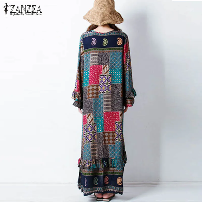 ZANZEA Women Retro Floral Print Autumn O Neck Butterfly Sleeve Casual Party Flouncing Long Dress Vestido With Belt Plus Size