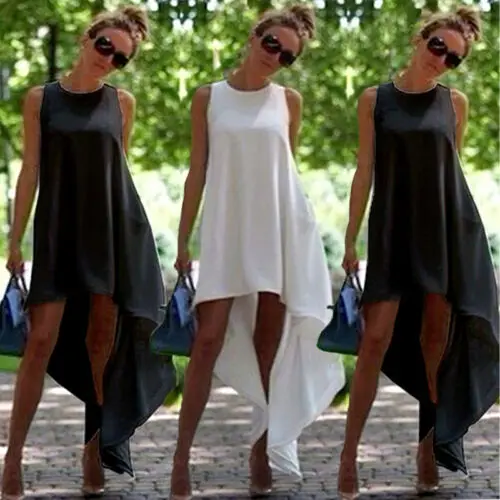 

Fashion Women Summer Casual Sleeveless Short Sleeve Irregular Evening Party Beach Dress Solid White Black