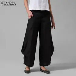 2019 ZANZEA Для женщин Повседневное эластичный пояс свободные длинные брюки Дамы Твердые Раффлед широкие карманы брюк вечерние Панталоны
