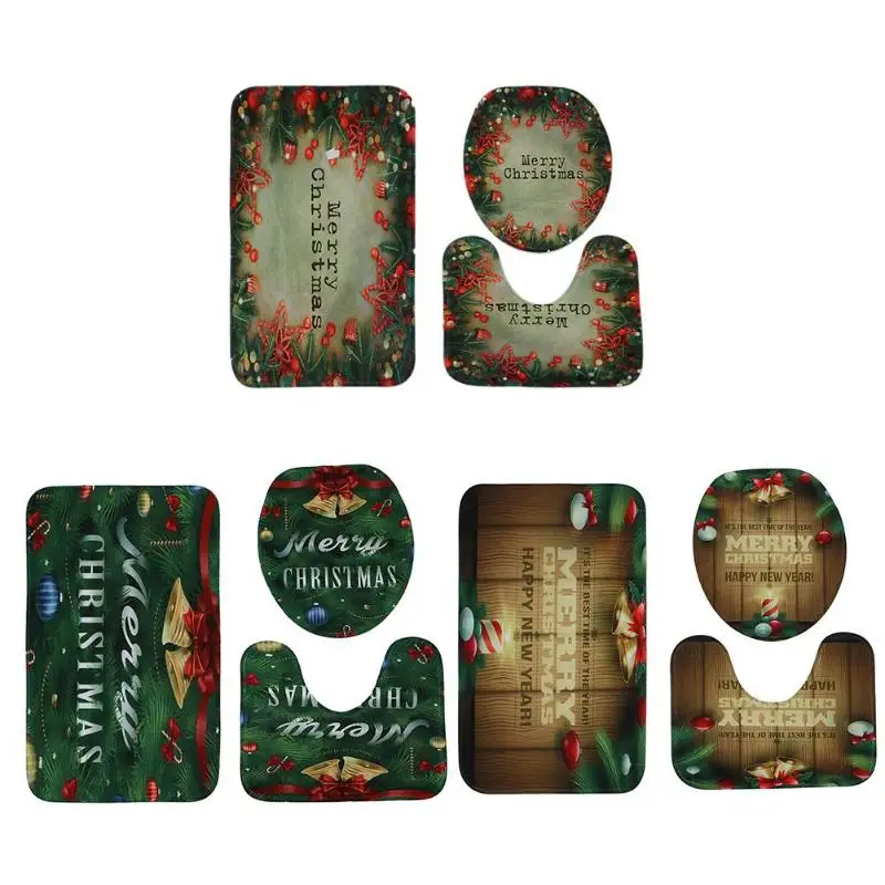 

3Pcs/set Anti-Slip Christmas Toilet Seat Cover Bath Mat Cartoon Printed Happy Snowman Santa Bathroom Toilet Seat Rug Decorations