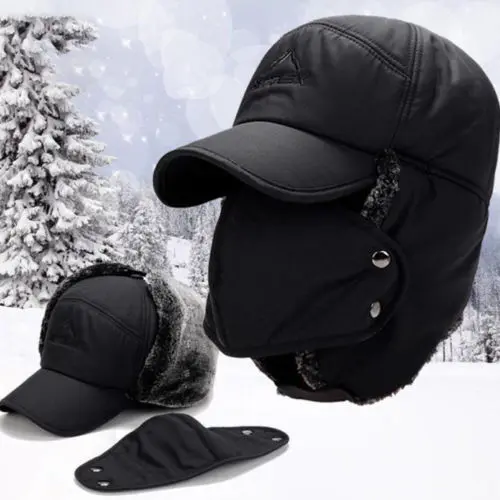 

2018 Black Mens Winter Faux Fur Ear Flap Russian Aviator Trooper Cap Trapper Cover Face Hat With Mask