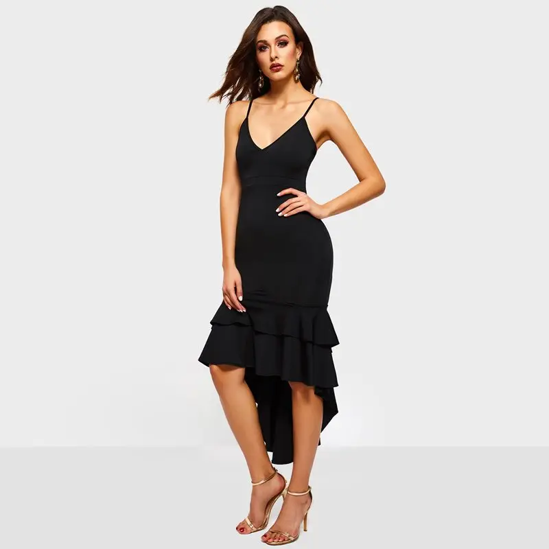 Party Dress Women Asymmetric Hem Black Bodycon Sexy Strap Fashion