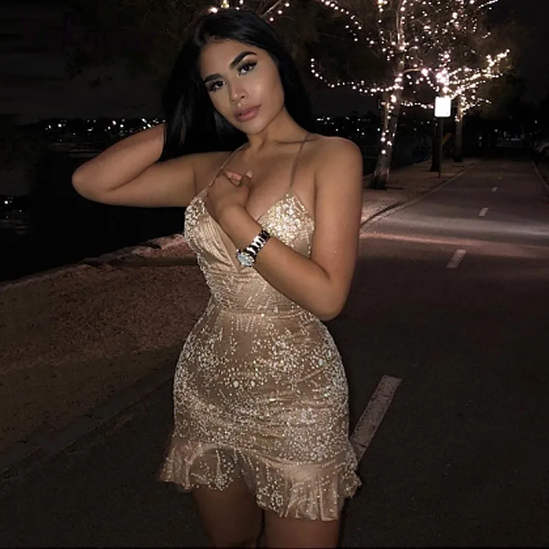 

Vefinear Strap Ruffle Fashion Dress Women Sexy Backless V Neck Summer Bodycon Dress Christmas Elegant Party Dresses Vestidos XL