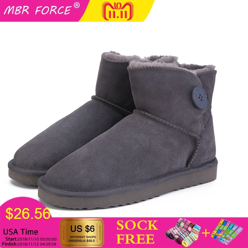 

MBR FORCE Top Quality Women Genuine Cowhide leather Button Snow Boots Fur snow boots Warm winter shoes Ankle Boots Size 34-44