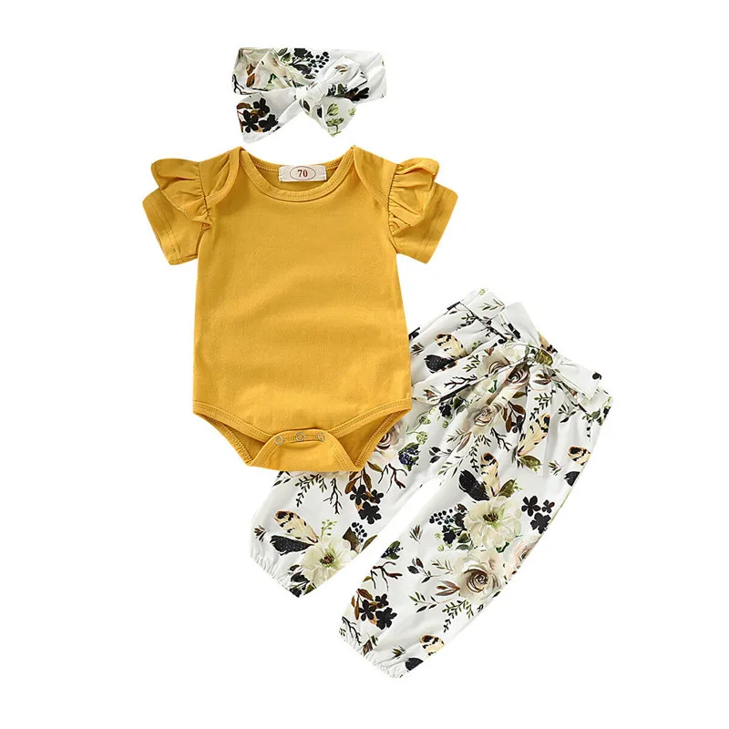 

Newborn Toddler Girls free shipping clothes Floral print Pants Bow Headband round neck short sleeve Bodysuit 3pc cotton Outfits