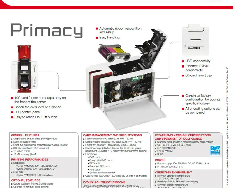 Высокое Качество двухсторонний Primacy id карты принтер, Evolis Primacy id/ПВХ карты принтер заменить dualys3 с одной лентой R5F008S14