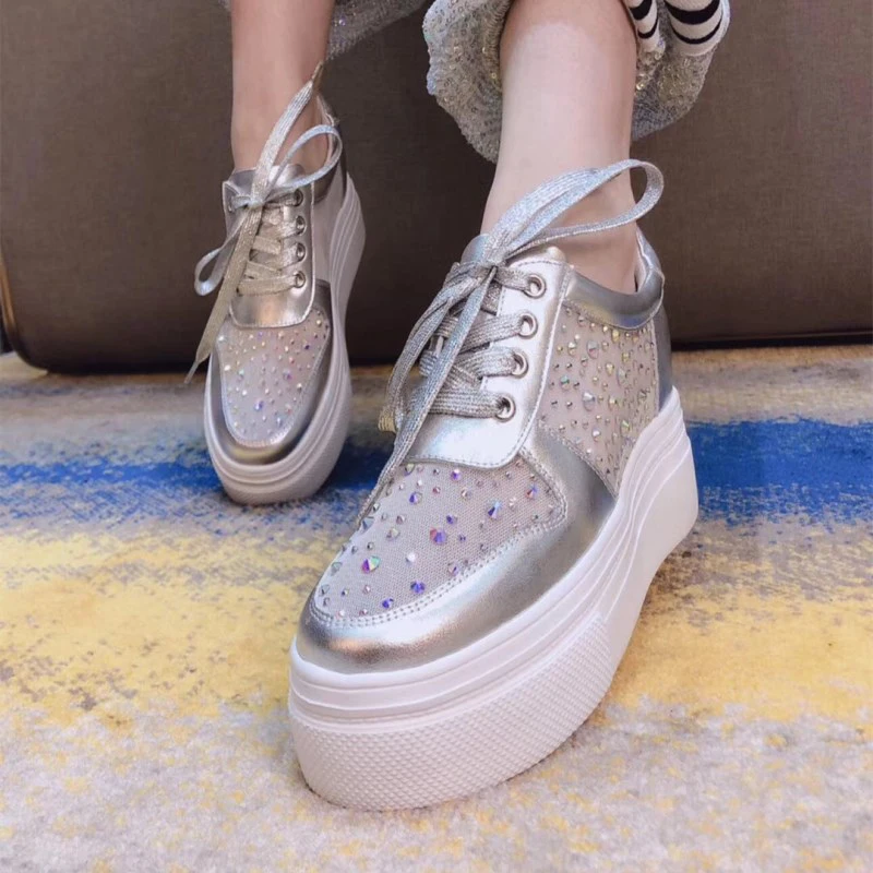 

RY-RELAA platform sneakers women sneakers 2018 Spring and summer new cowhide shoes rhinestone casual shoes white sneakers