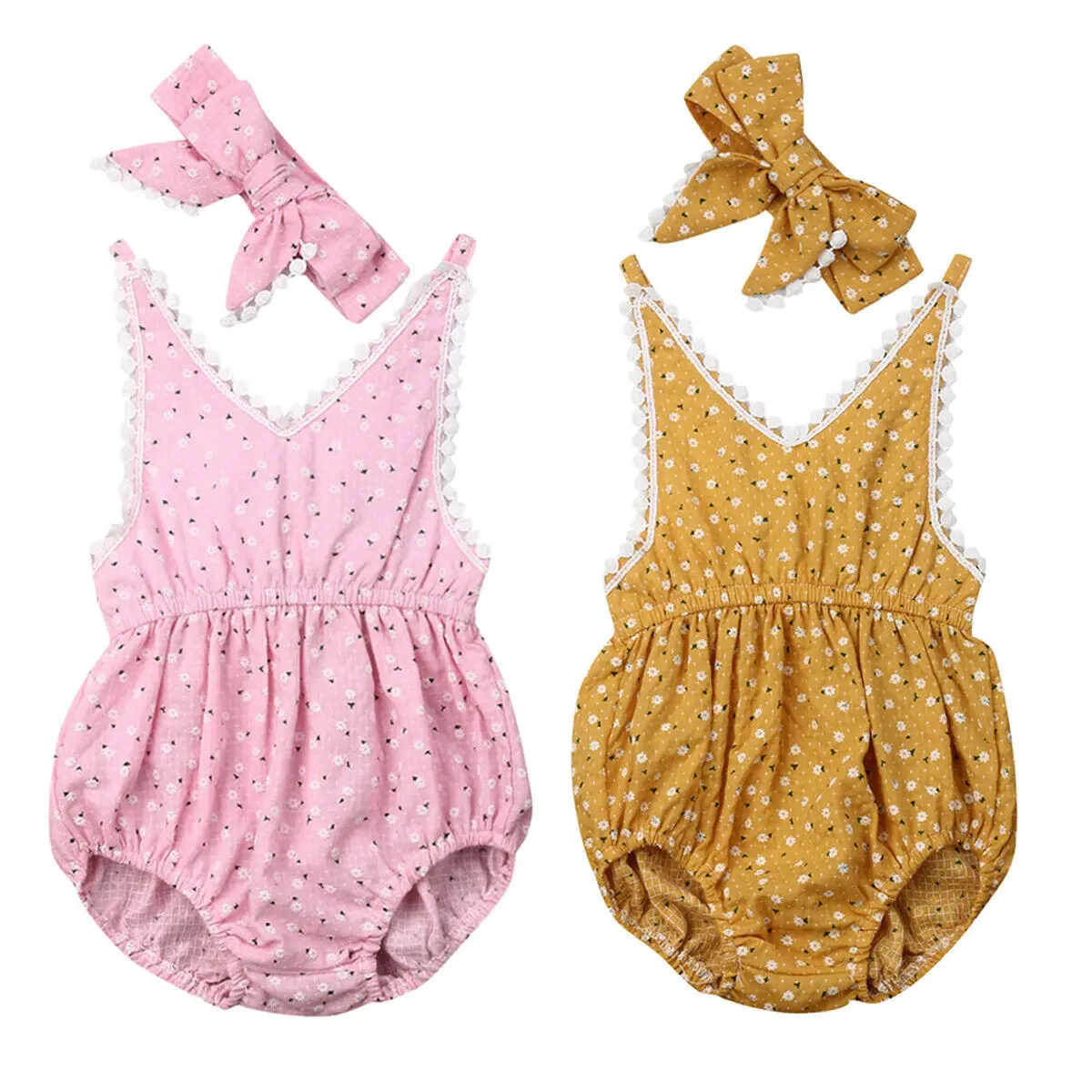 

Cute Newborn Baby Girl Sleeveless Backless V-neck Floral Baby Bodysuit Jumpsuit Headband 2PCS Outfits Summer Clothes