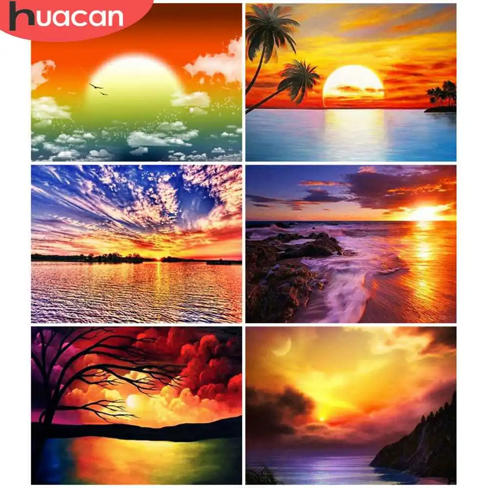 

HUACAN Full Square 5D DIY Diamond Painting Landscape Cross Stitch Diamond Embroidery Full Display Sunset Mosaic Home Decor Gift