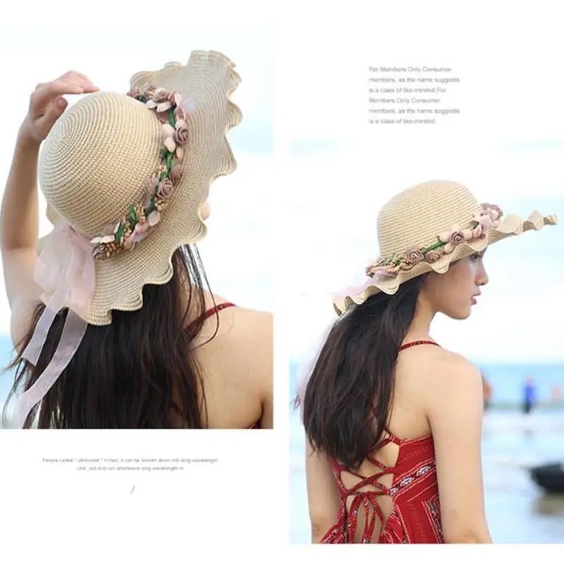 

Hats For Women Summer Hat Straw Sun Beach Cap With Flower Girls Anti-UV Hat