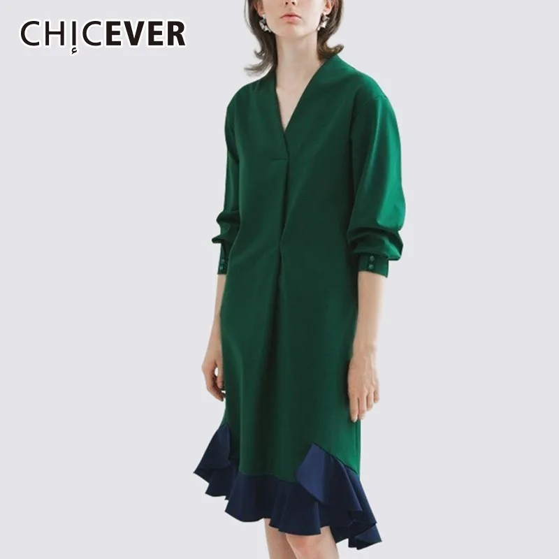 

CHICEVER Ruffles Female Dresses For Women V Neck Three Quarter Sleeve Hit Colors Mermaid Dress Vestido Elegant Clothes New