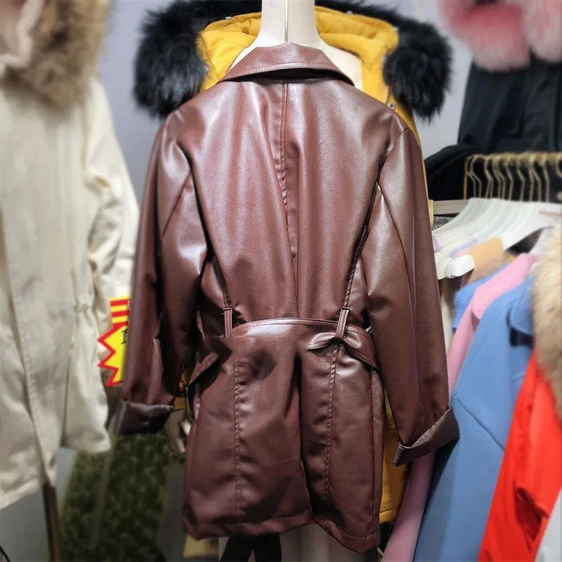 En Carré ewq 2019 Femmes Col Black De Veste Manches Poches Dame Marée Cuir Femme Oe326 Pu Bureau Mode brown Bouton Longues Faux Printemps IIvqF