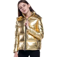 Женская куртка золотистого цвета с лазером цвета металлик, роскошная блестящая ветровка, пальто с капюшоном, толстая хлопковая стеганая верхняя одежда A9056