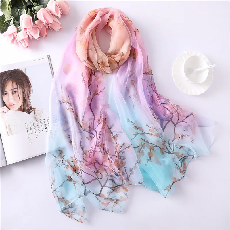 

2019 New Women Silk Scarf Peach Blossom Pattern Large Shawls and Wrpas Designer Scarves Female Beach Stole Foulard Bandana Hijab