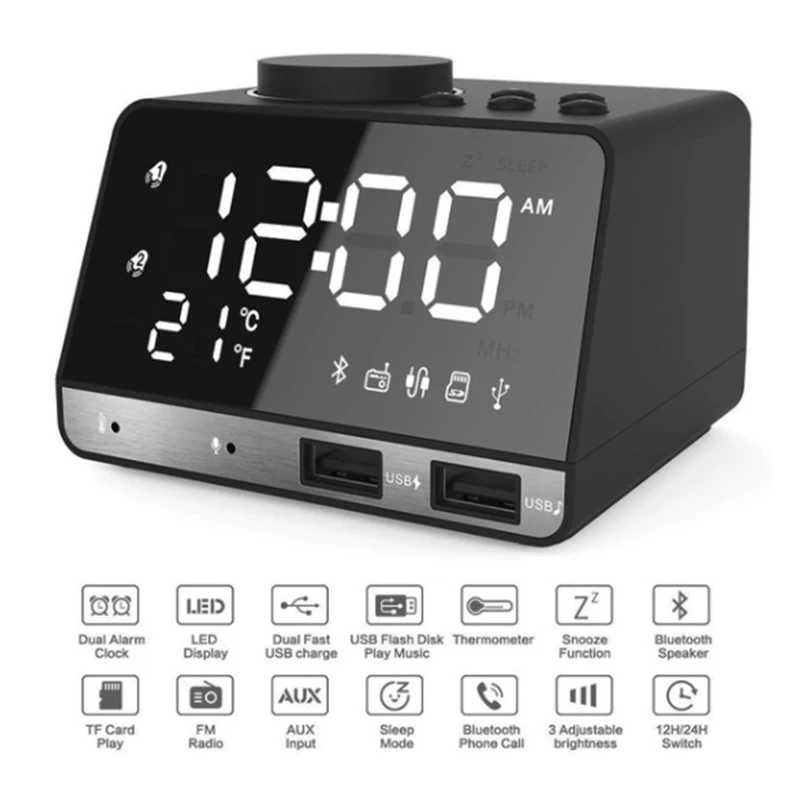

Bluetooth Speaker Radio Alarm Clock With USB Charging Port LED Digital Table Clock Speaker Home Digital Creative Speaker Clock