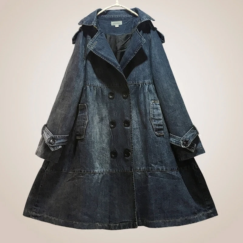 2018 Lavé Pleine Automne Col Veste Manches Manteau Wb14901xl Mode Femmes Taille Profond Long Plus Qlzw Denim ligne Hiver A blue Black down Turn La d6wzdp