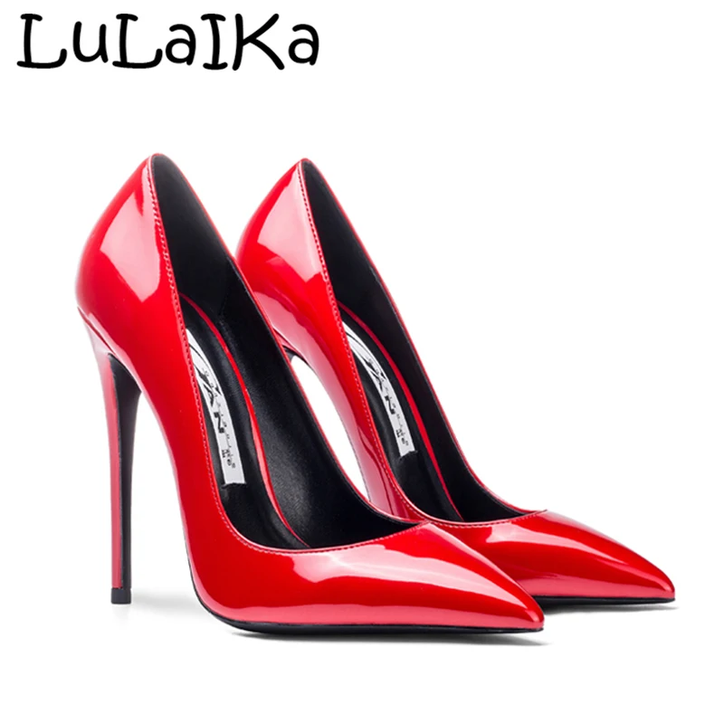 

2018 New Woman Super Heel 12 cm Solid Color Pumps Patent Leather Pointed Toe Thin Heel Lady Party Wedding High Heel Shoes