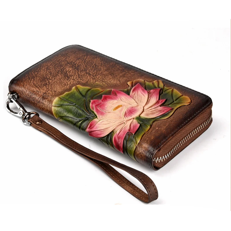 Ceny Naturalna skóra długa torba saszetka typu clutch kieszonka na monety wzór lotosu stojak w kształcie karty klip kobiety skórzany składany portfel