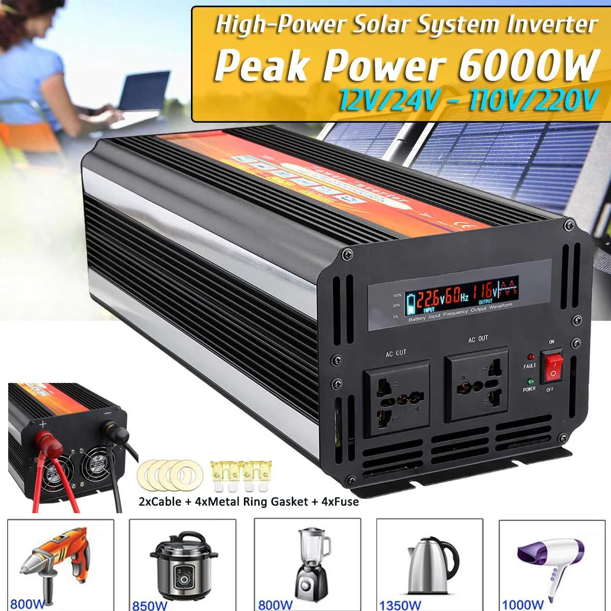 

Inverter 12V 220V 3000W 6000W Pe ak Power Inverter Voltage Converter Transformer DC 12V/24V To AC 110V/220V Solar Inversor