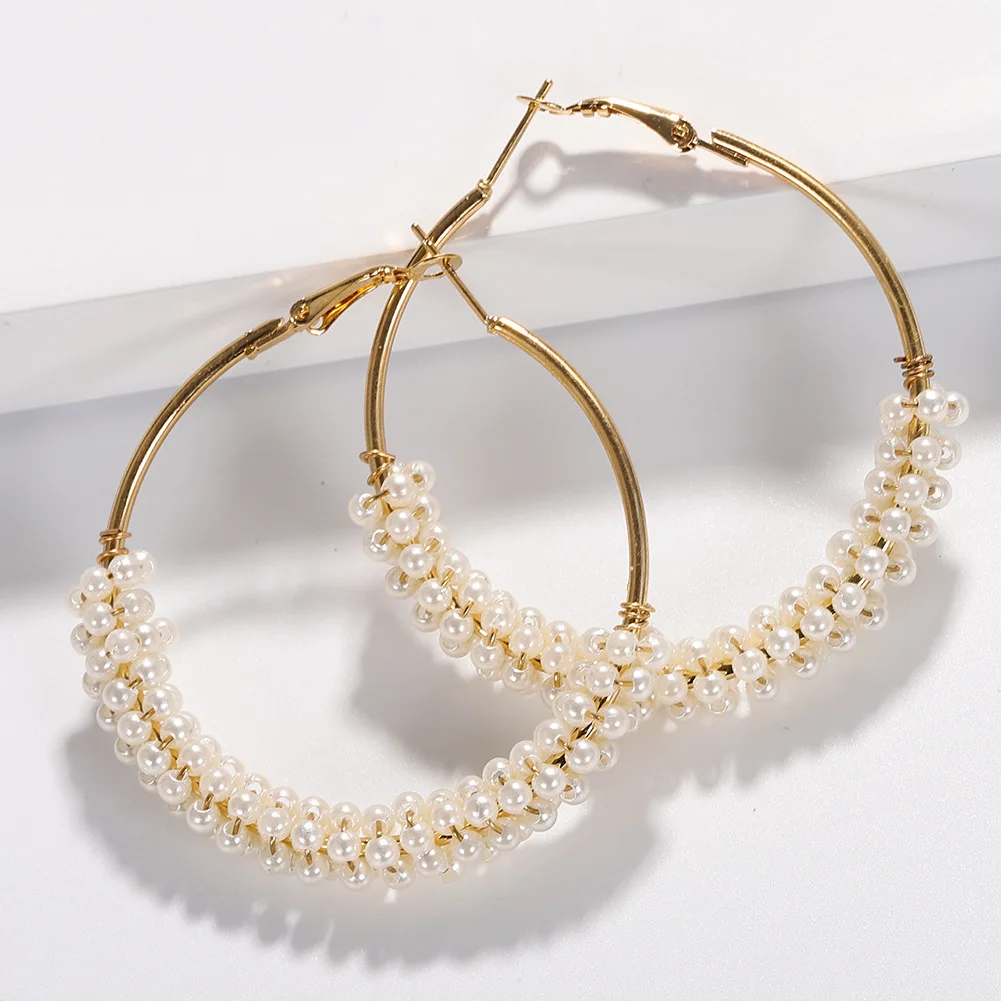 

1 Pair Fashion 50mm Big Round Loop Circle Hoop Earring New Brand Imitation Pearl Gold-color Flower Cut Loop Hoop Earrings