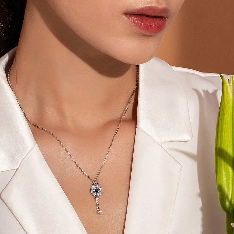 BAMOER подлинное 925 пробы Серебряное ожерелье с подвеской в виде ключа для женщин женское синее Кристальное ожерелье ювелирные изделия BSN013