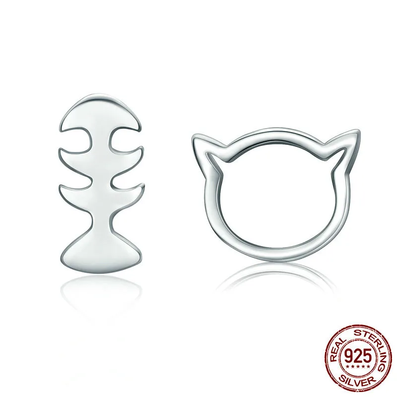 

Hot Sale Genuine 925 Sterling Silver Cat Little Cat & Fish Stud Earrings For Women Brincos Fine Jewelry Bijoux Sce128 BAMOER