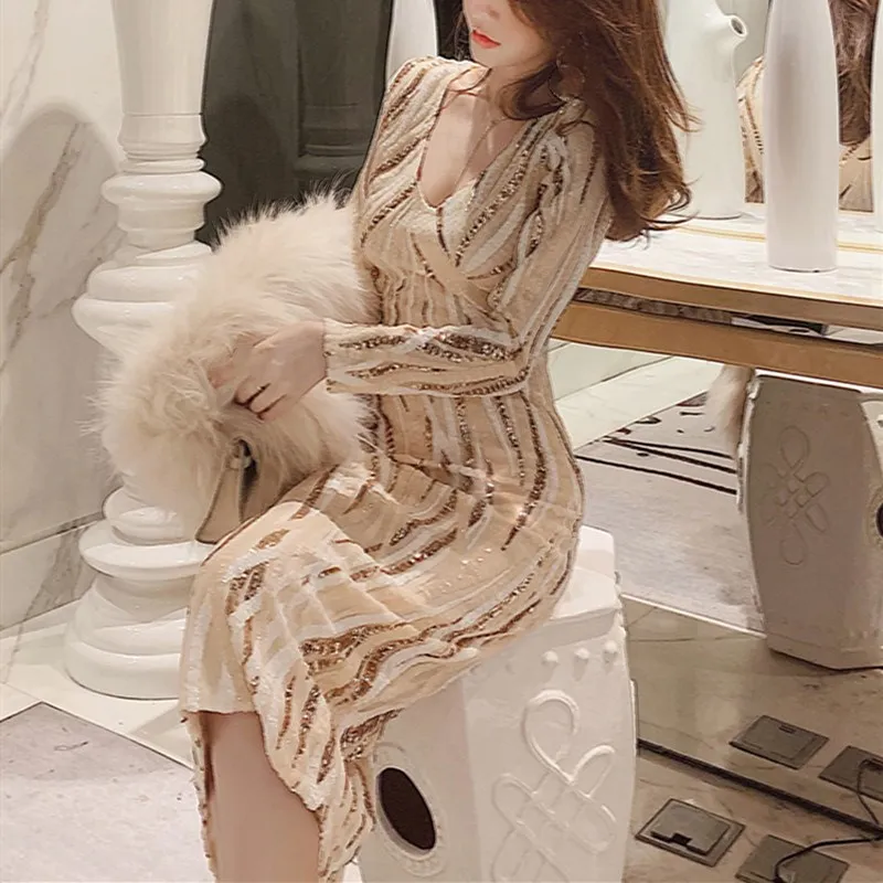 

2019 Luxury Celebrity Sequin Dress Women Deep V Neck Sexy Dress Elegant Stretch Geometric Party Dress