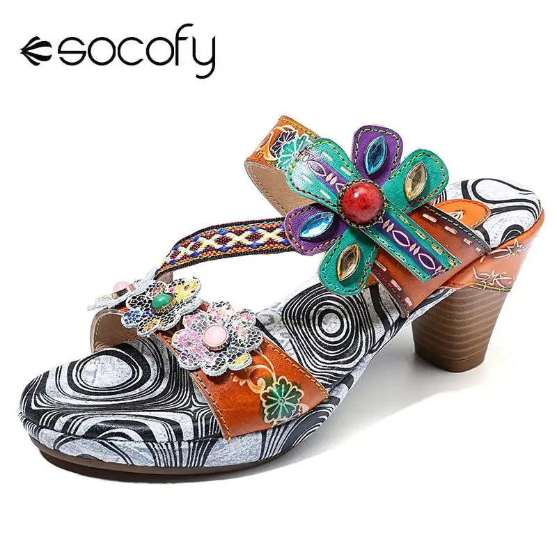 

SOCOFY Bohemia Floral Retro Buckle Gems Hand Painted Genuine Leather Hook Loop Slip On Soft Sandals Retro Bohemian Ladies Shoes