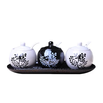 

Set of 3 Ceramic Food Storage Porcelain Condiment Container Spice Jar with Lids Serving Spoon & Tray for Kitchen (Black & White)