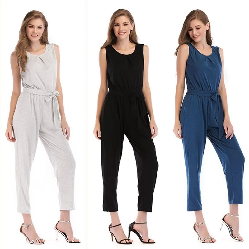 

2019 new European station explosion models new solid color tie waist pants jumpsuit suit free shipping