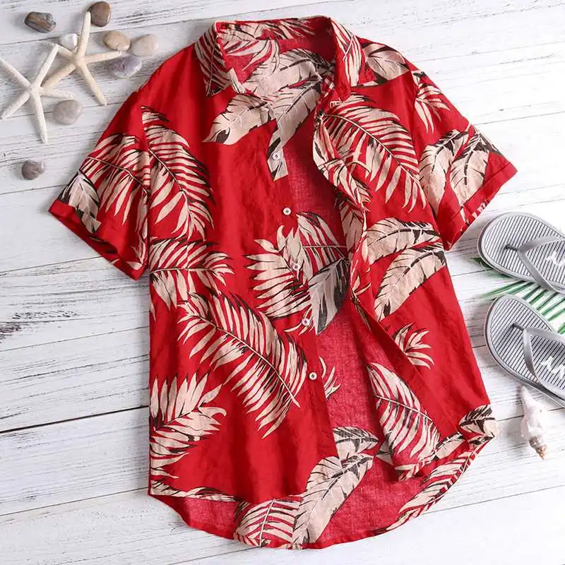 2019 summer Shirt Men Graffiti Print leaf Shirt Hawaiian CasualCotton Lapel Button Seaside Short Sleeve Tops