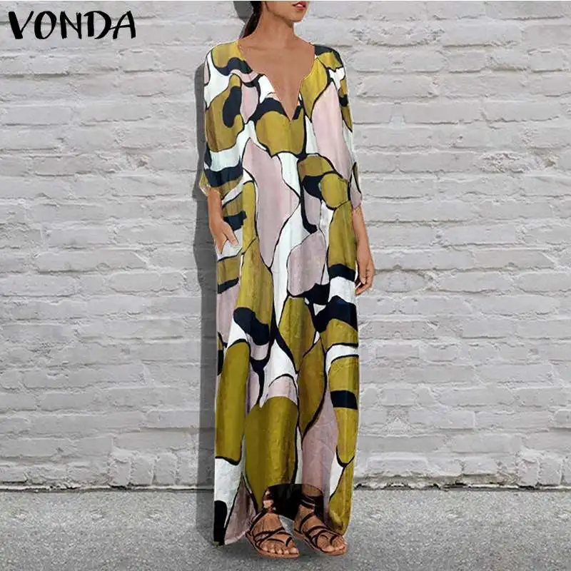 

VONDA Bohemian Women Maxi Dress Vintage V Neck Patchwork Dress 2019 Summer Sexy Floral Print Irregular Hem Party Vestido S-5XL