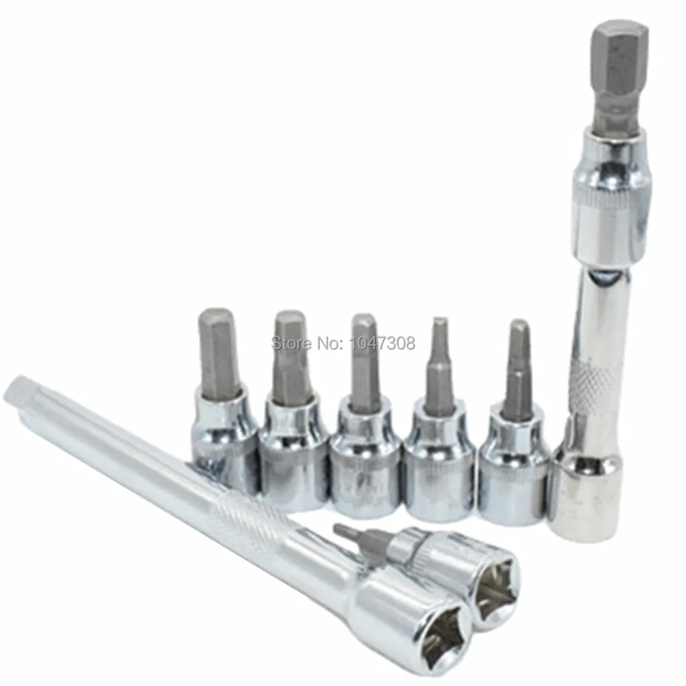 

7pcs 3/8" Drive Hex Screwdriver Bit Socket H3 H4 H5 H6 H7 H8 H10 Screw Driver Bit + 2pc 3/8" Drive Socket Extension Bar 3" 6"