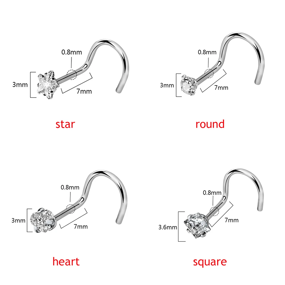 4 шт./лот, 4 формы, стразы, кольцо для носа, 20 г, хирургическая сталь, скрученные шпильки для носа, винтовое кольцо, пирсинг, кристалл, ноздри, ювелирные изделия